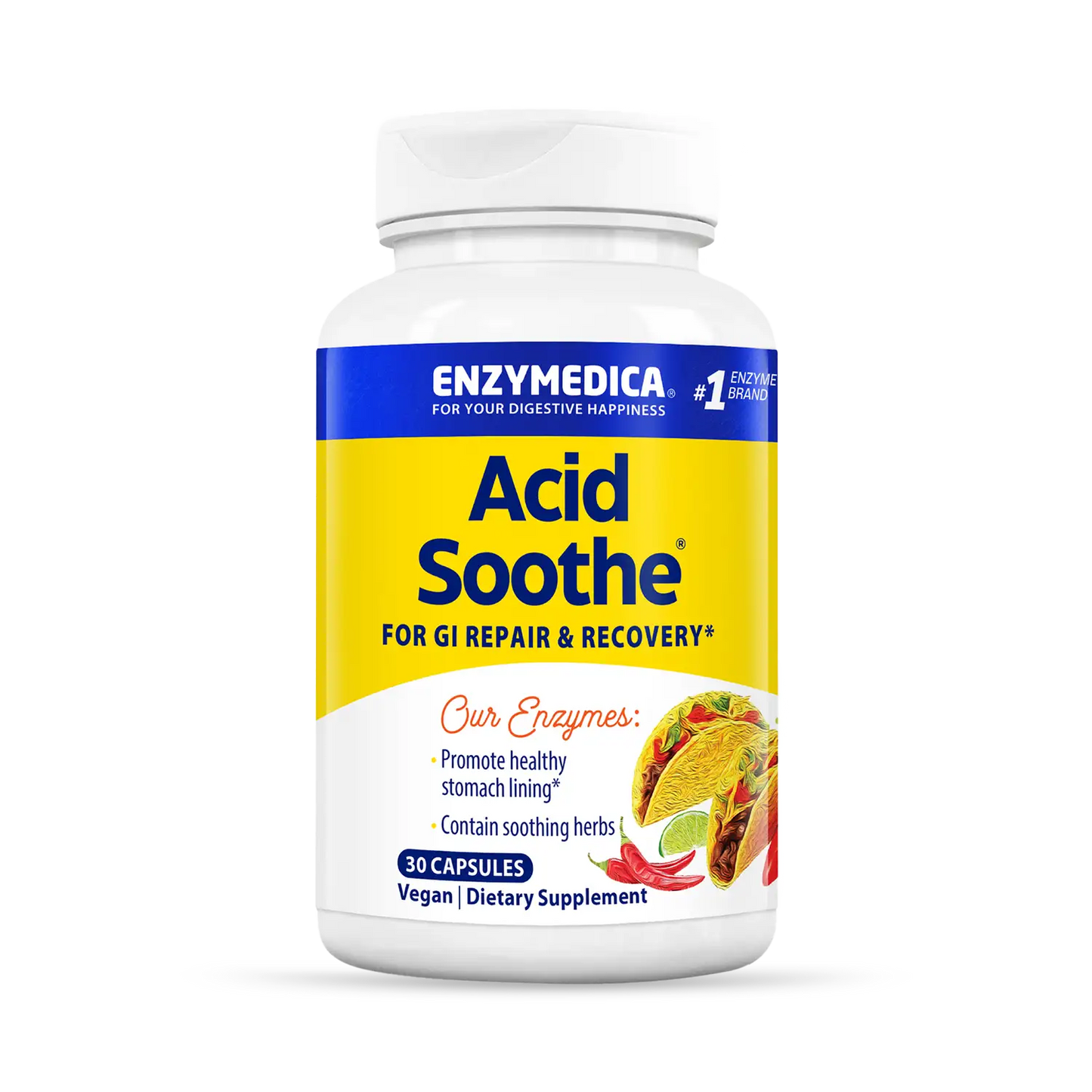 A bottle of Enzymedica Acid Soothe dietary supplement, which is vegan, with a yellow and blue label.