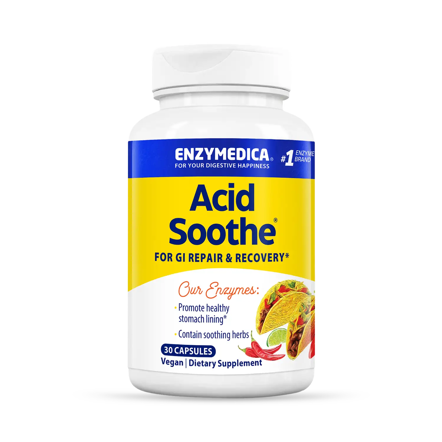 A bottle of Enzymedica Acid Soothe dietary supplement, which is vegan, with a yellow and blue label.