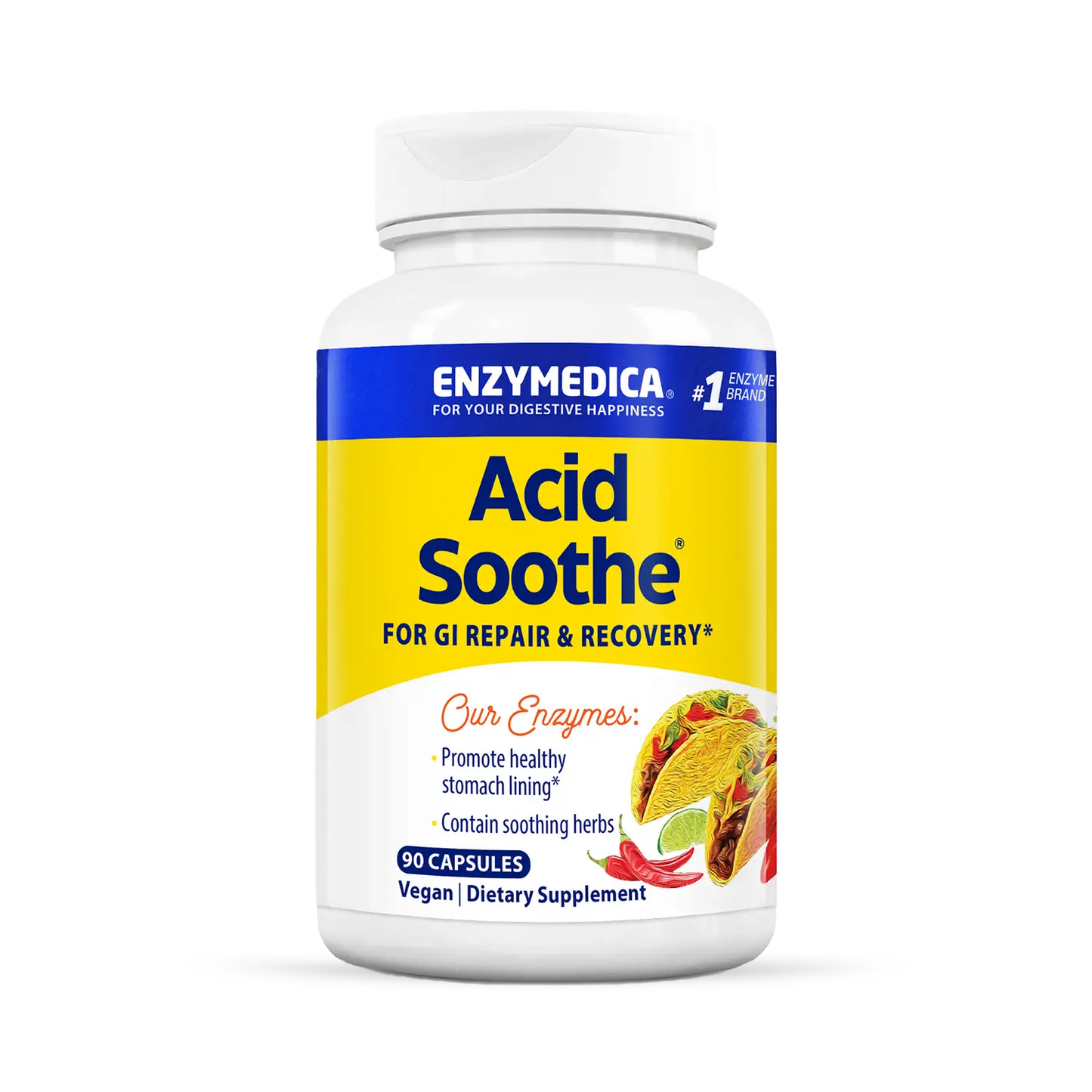 A bottle of Enzymedica Acid Soothe dietary supplement, which is vegan, with a yellow and blue label.