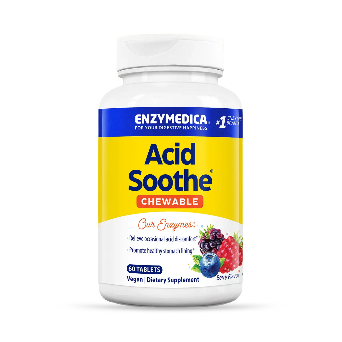 A bottle of Enzymedica Acid Soothe Chewable tablets, berry flavored dietary supplement.