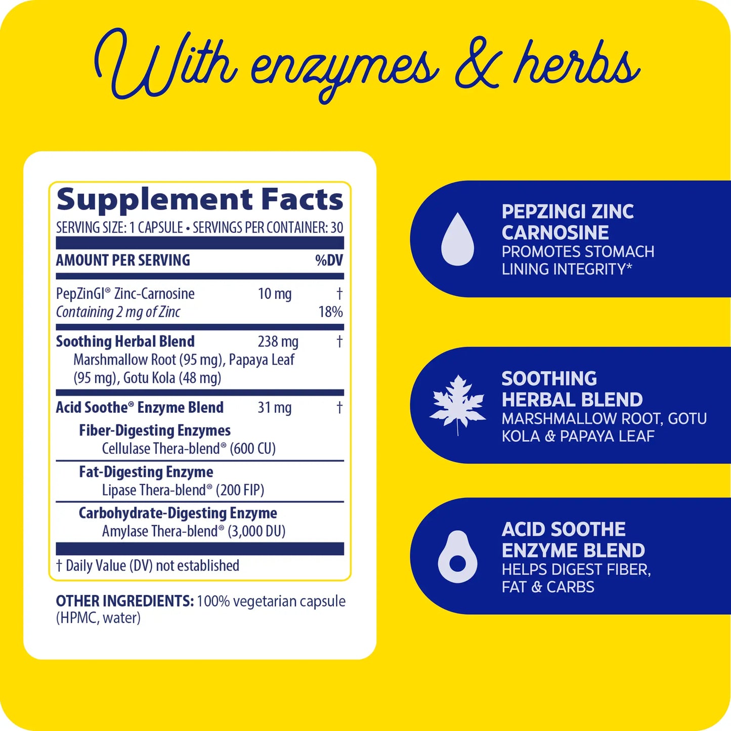 supplement facts panel with enzymes and herbs for acid soothe