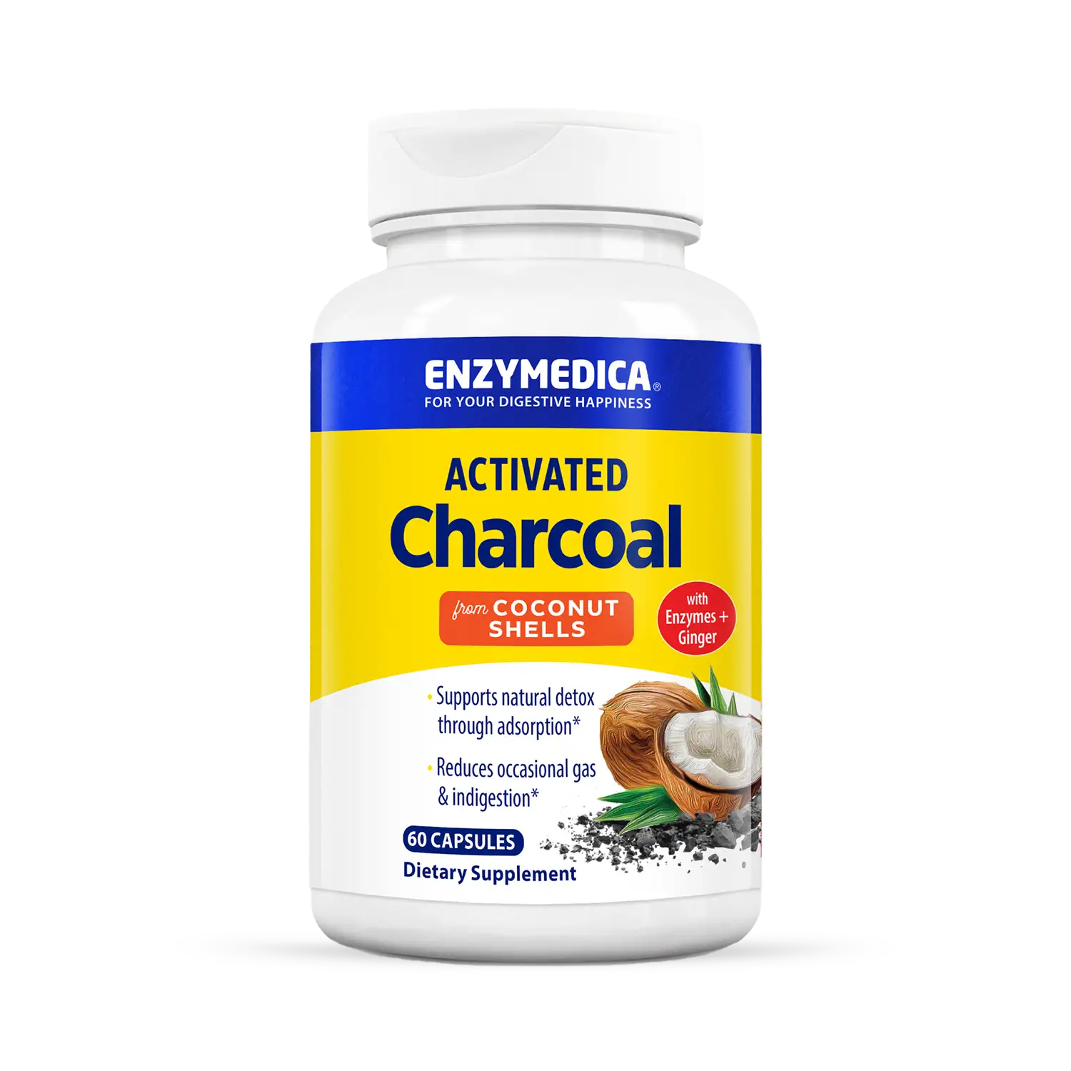 A bottle of Enzymedica Activated Charcoal dietary supplement, with an illustration of a coconut on the label, indicating it is made from coconut shells.