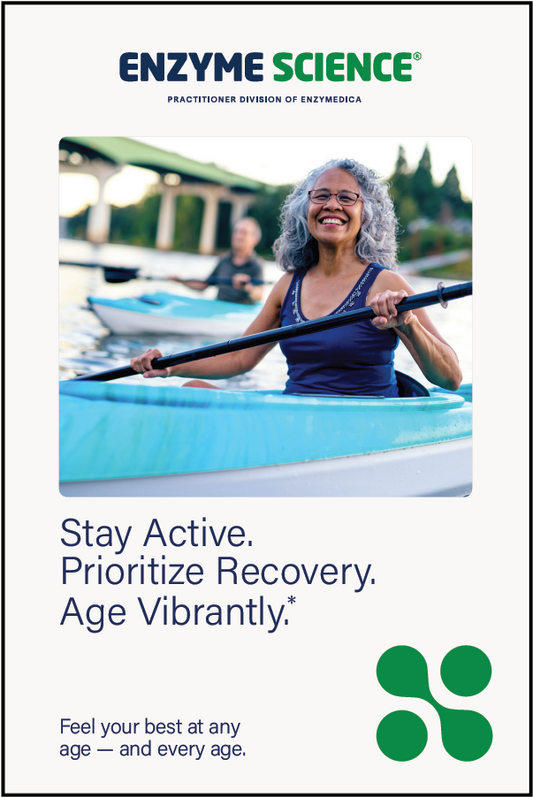 Advertisement for Enzyme Science with a woman in a kayak and text about staying active and prioritizing recovery.