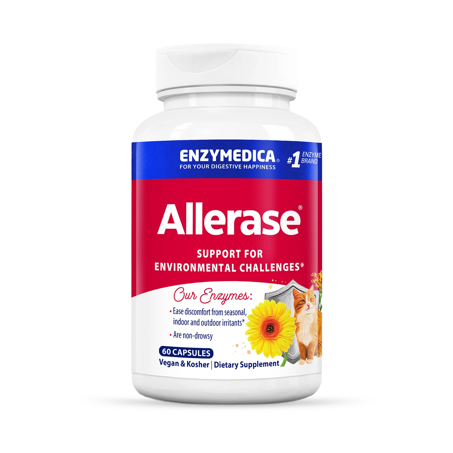 A bottle of Enzymedica Allerase dietary supplement with a label featuring a sun and floral design.