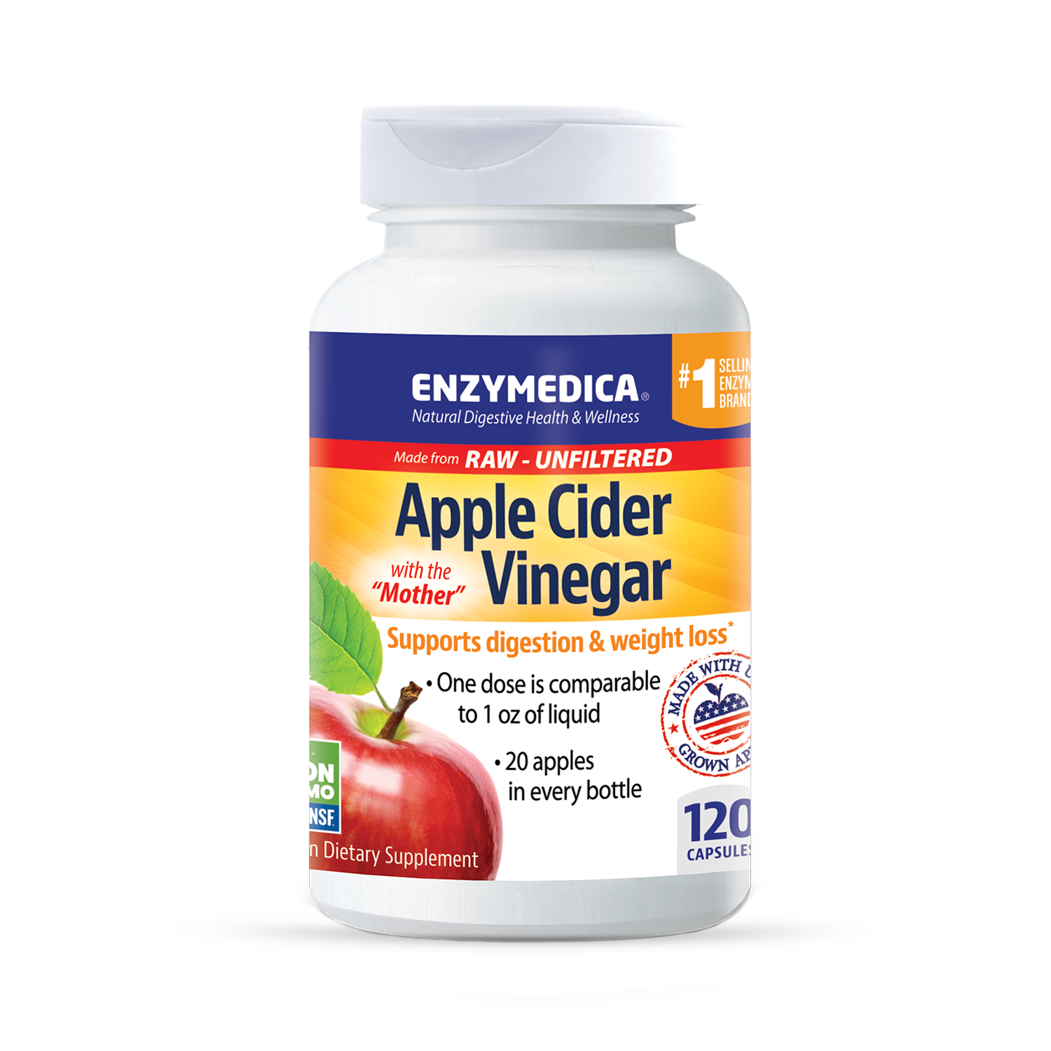 A bottle of Enzymedica Apple Cider Vinegar dietary supplement with red apples depicted on the label.