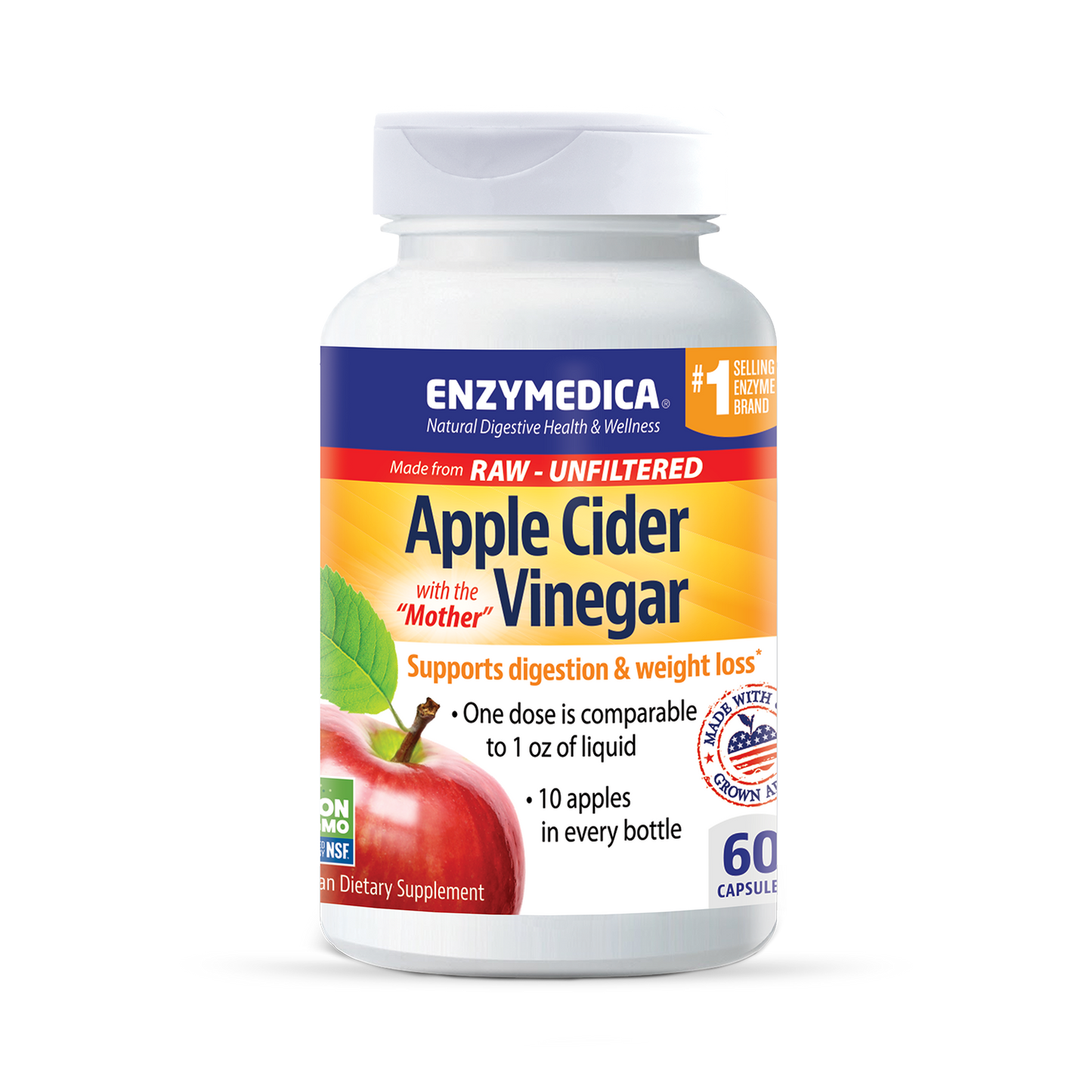A bottle of Enzymedica Apple Cider Vinegar dietary supplement with red apples depicted on the label.