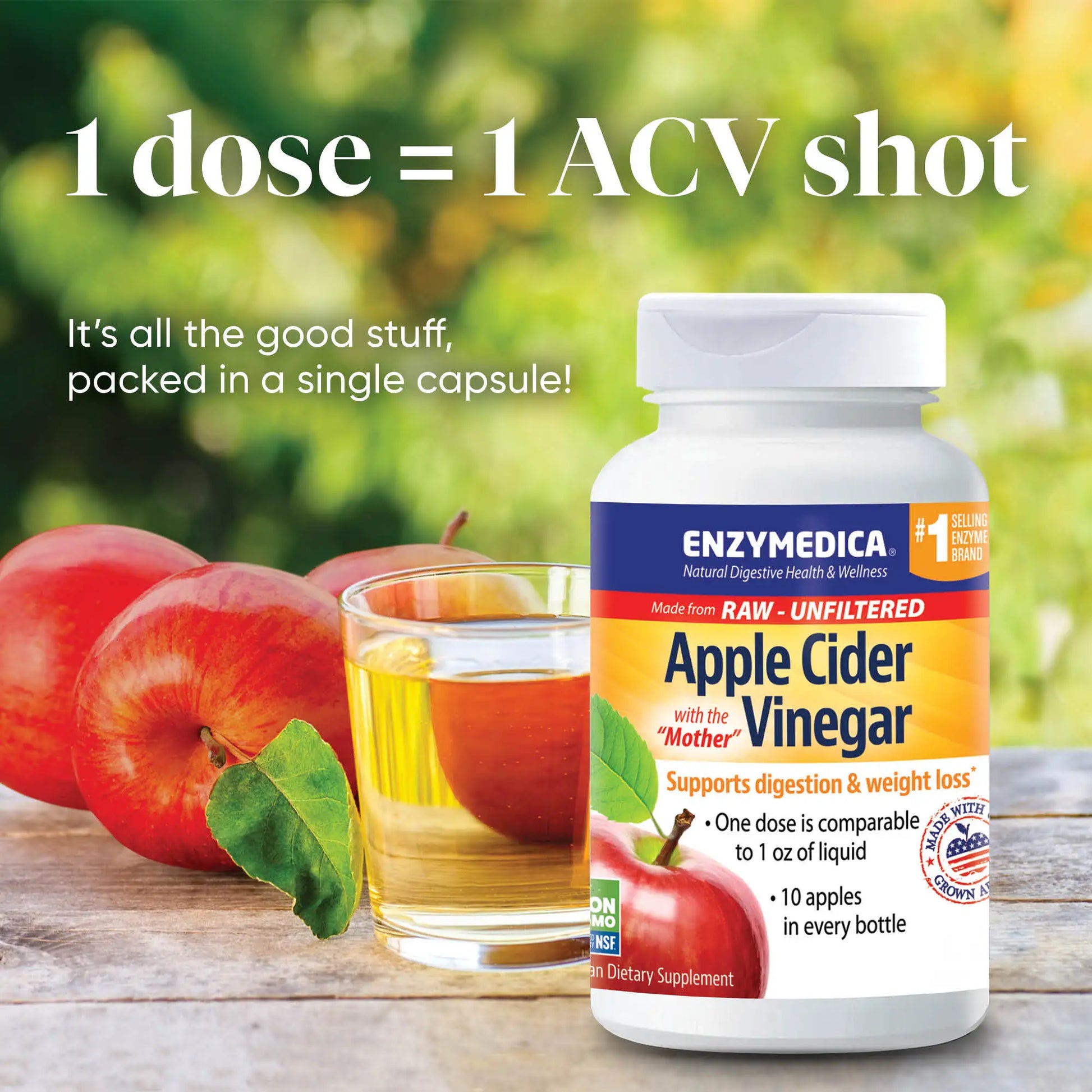advertisement for apple cider vinegar, 1 does= 1 ACV shot