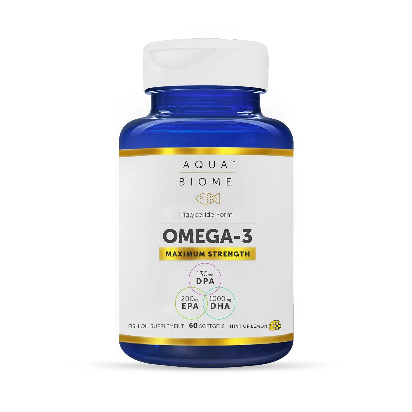 A blue bottle of Aqua Biome Omega-3 maximum strength fish oil supplements with a white label.