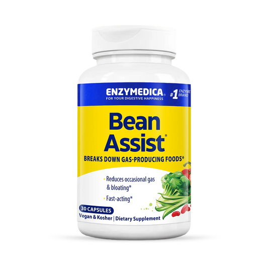 A bottle of Enzymedica Bean Assist dietary supplement with capsules inside, designed to break down gas-producing foods.