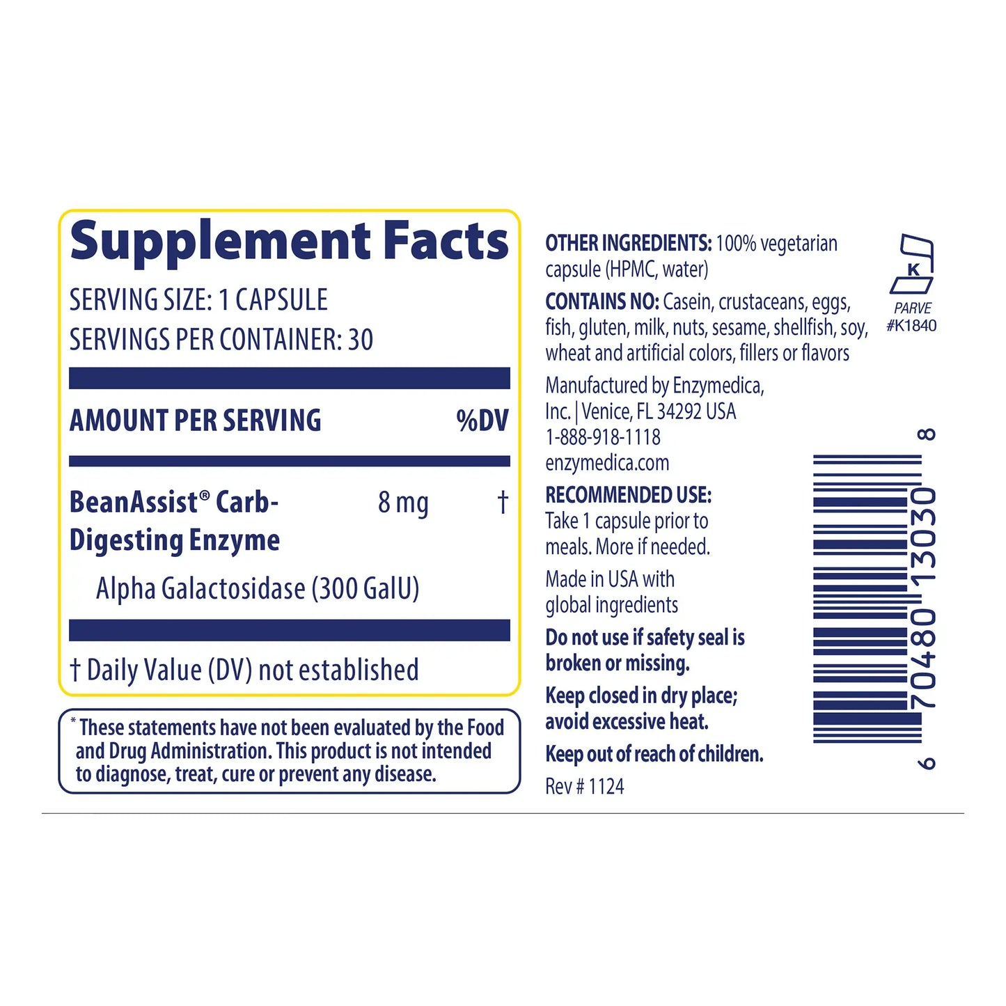 Supplement fact panel for Bean Assist