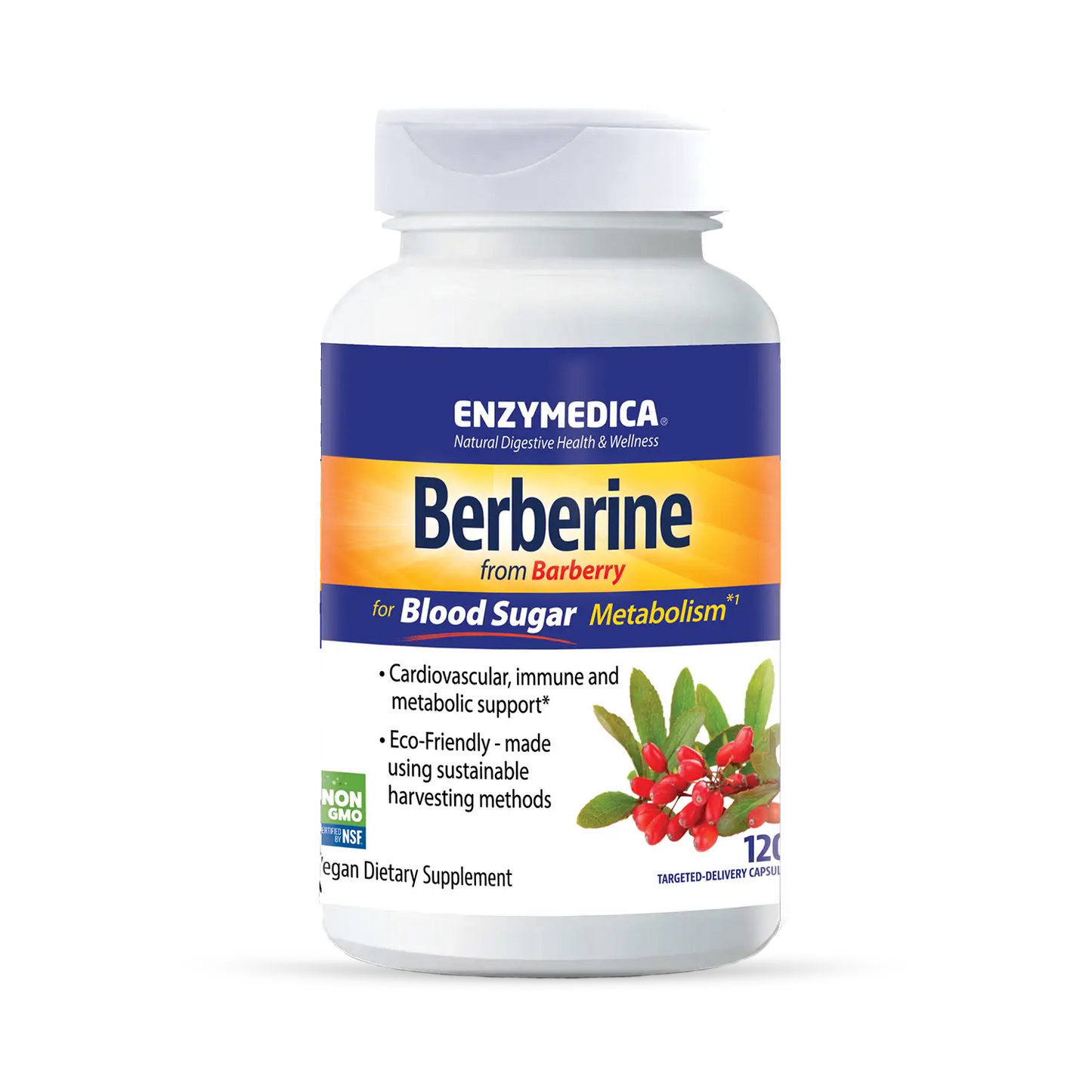 A bottle of Enzymedica Berberine dietary supplement, with branding and information about the product displayed on the label.