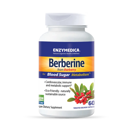 A bottle of Enzymedica Berberine dietary supplement, with branding and information about the product displayed on the label.
