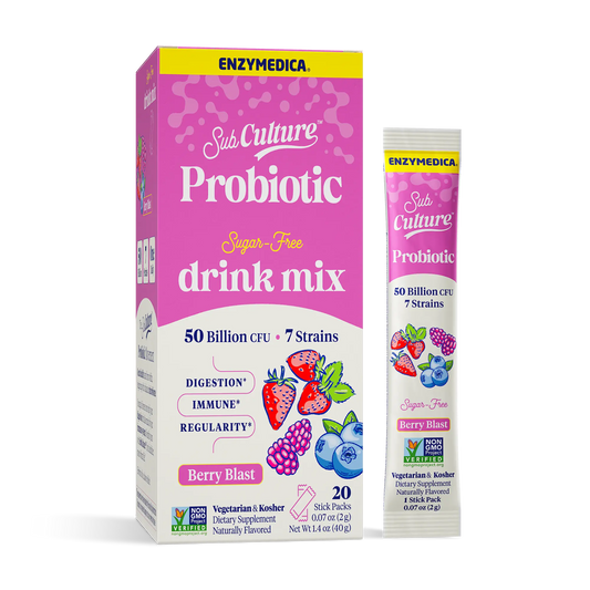 Enzymedica Sub Culture Probiotic drink mix packaging with a pink box and white stick pack on a white background.