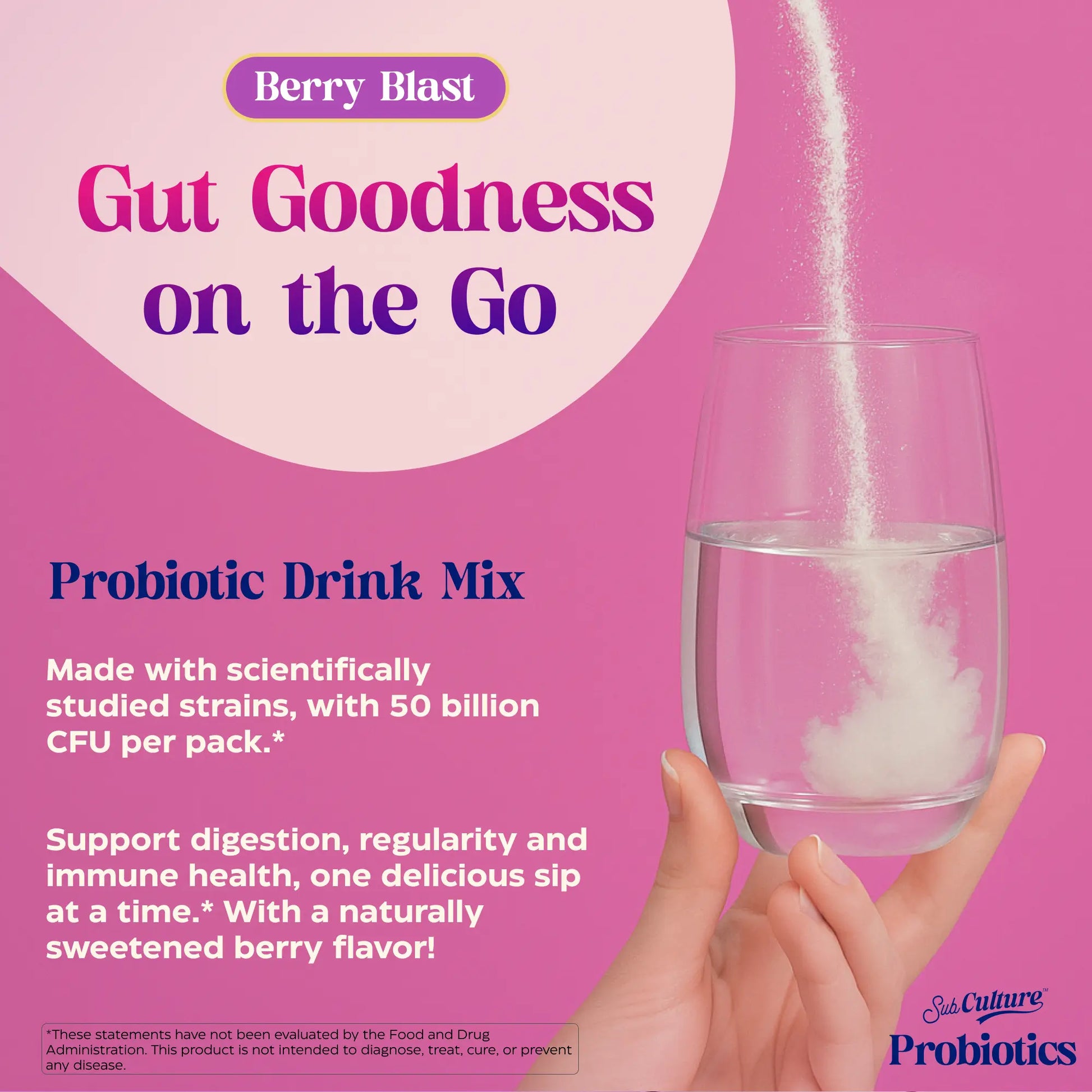 Probiotic drink mix being added to a glass with promotional text on a pink background
