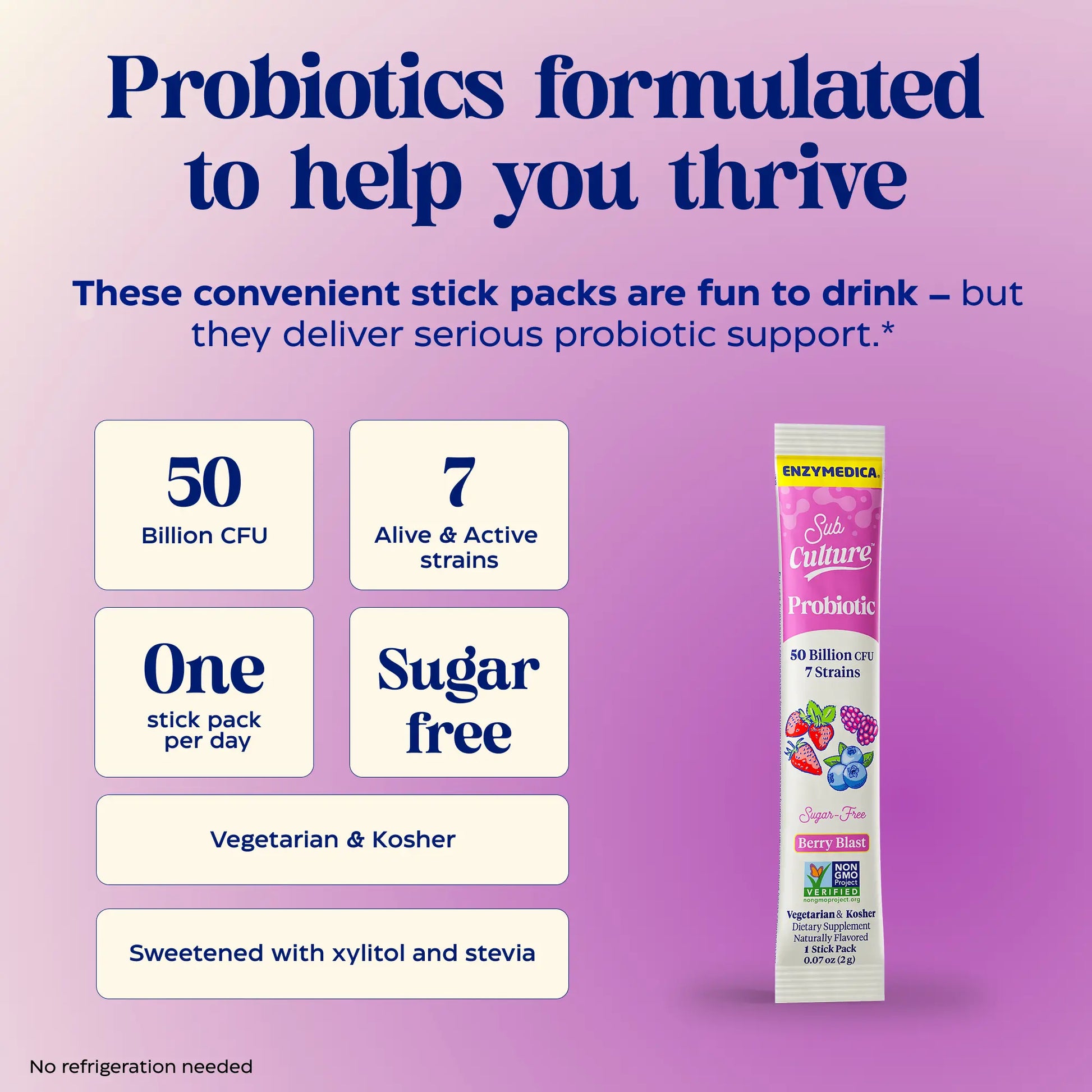 Probiotic stick pack with text highlighting benefits on a purple background