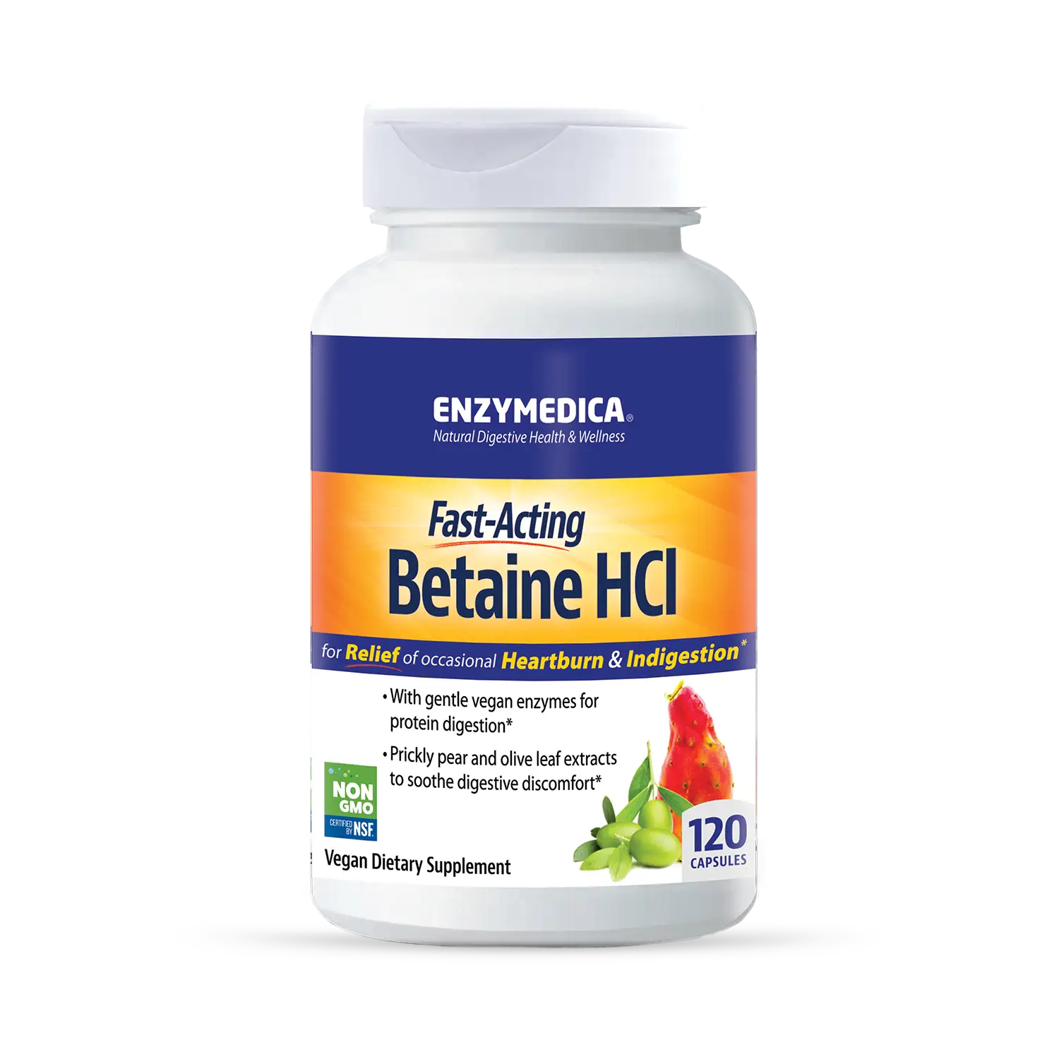 A bottle of Enzymedica Fast-Acting Betaine HCI dietary supplement, with a label showing the brand name, product name, and additional product information.