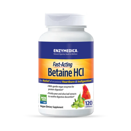 A bottle of Enzymedica Fast-Acting Betaine HCI dietary supplement, with a label showing the brand name, product name, and additional product information.