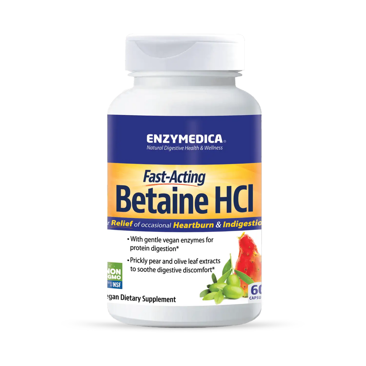 A bottle of Enzymedica Fast-Acting Betaine HCI dietary supplement, with a label showing the brand name, product name, and additional product information.