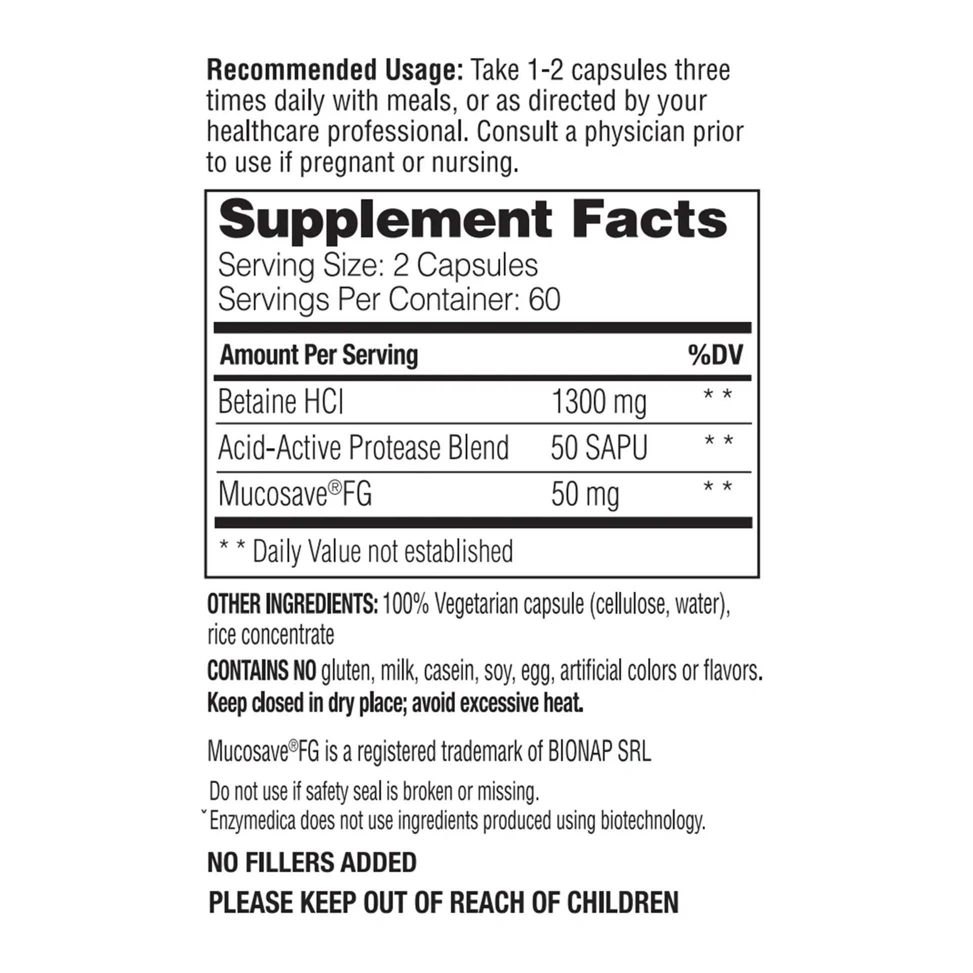 supplement facts panel for Betaine HCI