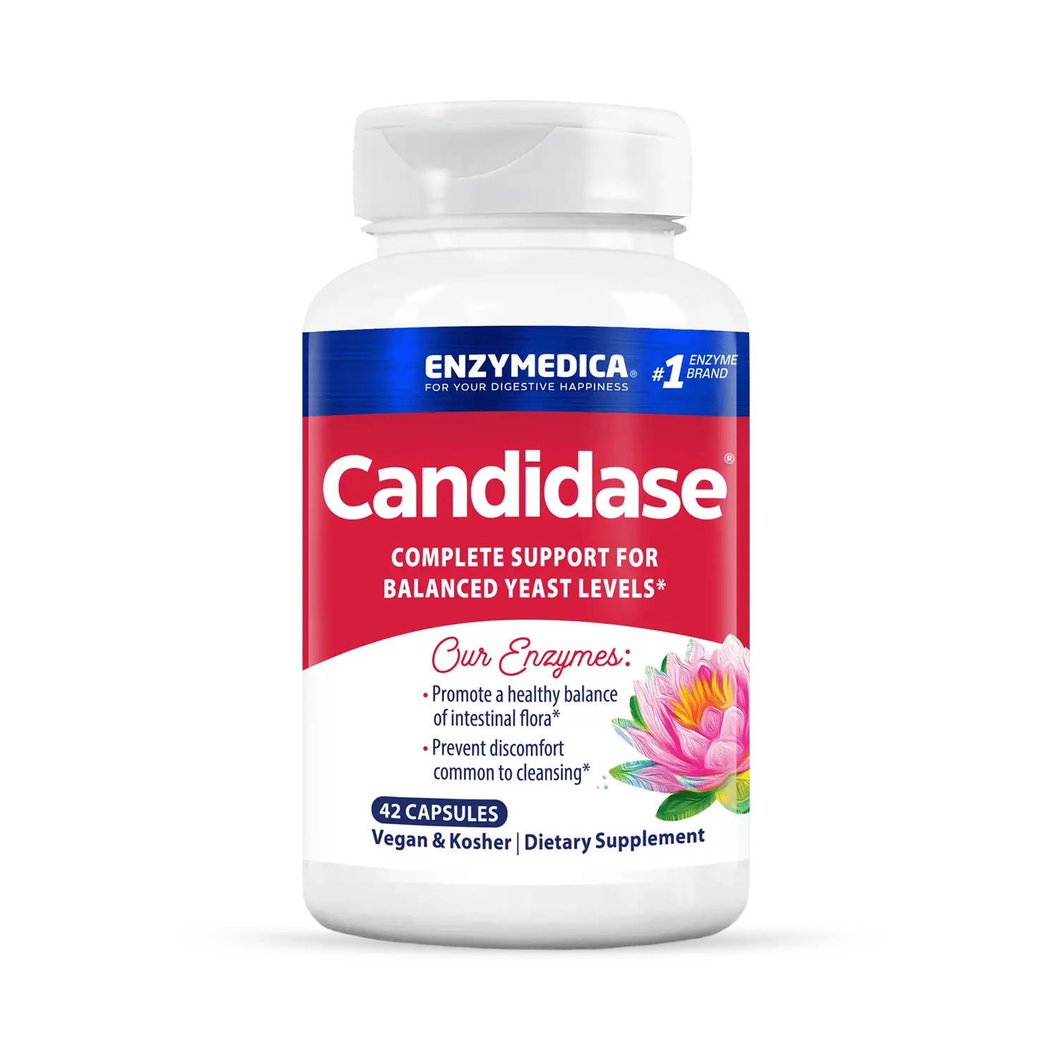 A bottle of Enzymedica Candidase dietary supplement with 60 capsules, labeled for balanced yeast levels.