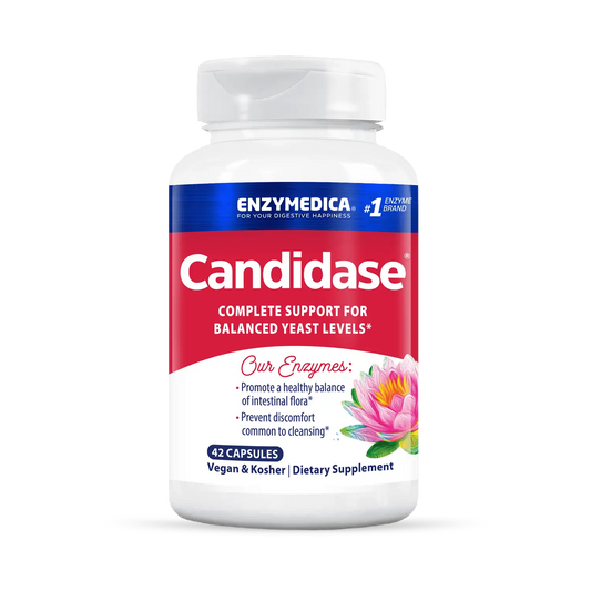 A bottle of Enzymedica Candidase dietary supplement with 60 capsules, labeled for balanced yeast levels.