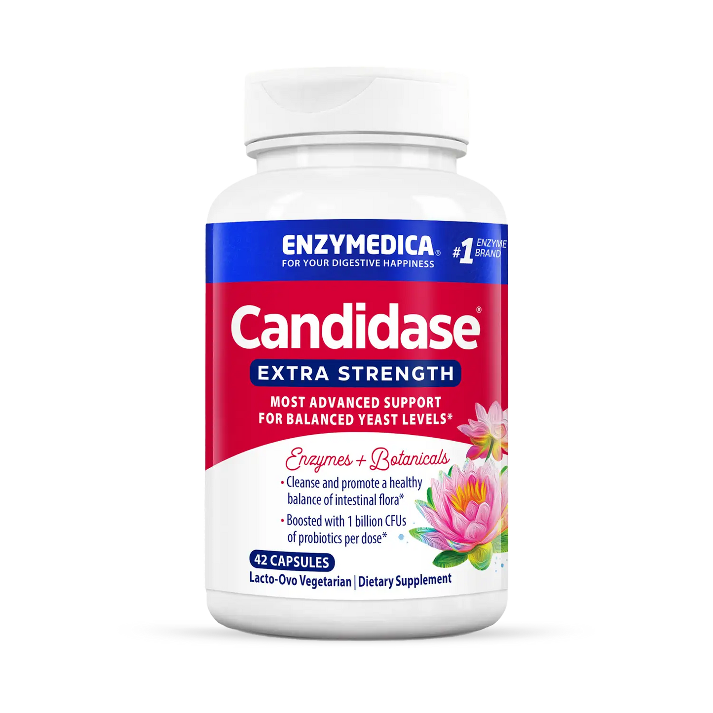 A bottle of Candididase Extra Strength dietary supplement by Enzymedica.