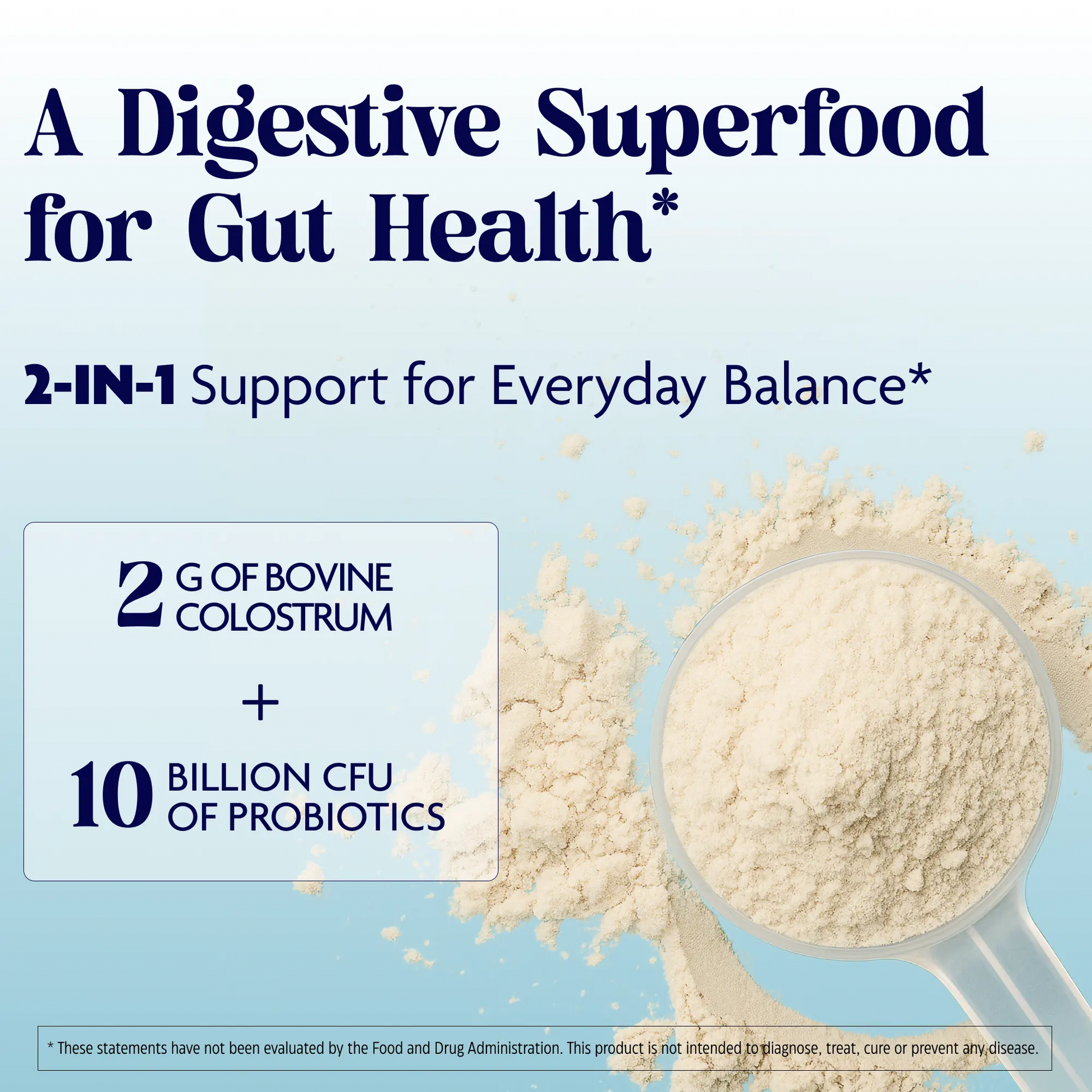 Probiotic powder with a scoop and text highlighting digestive health benefits on a light blue background
