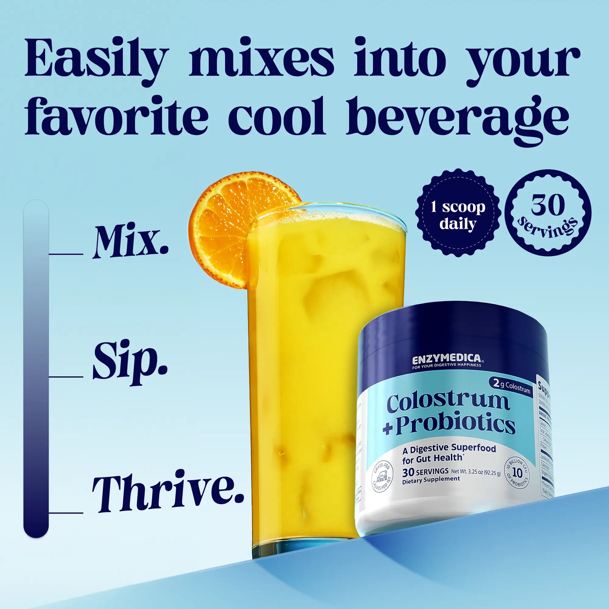 Enzymedica Colostrum + Probiotics container with a glass of orange juice on a blue background