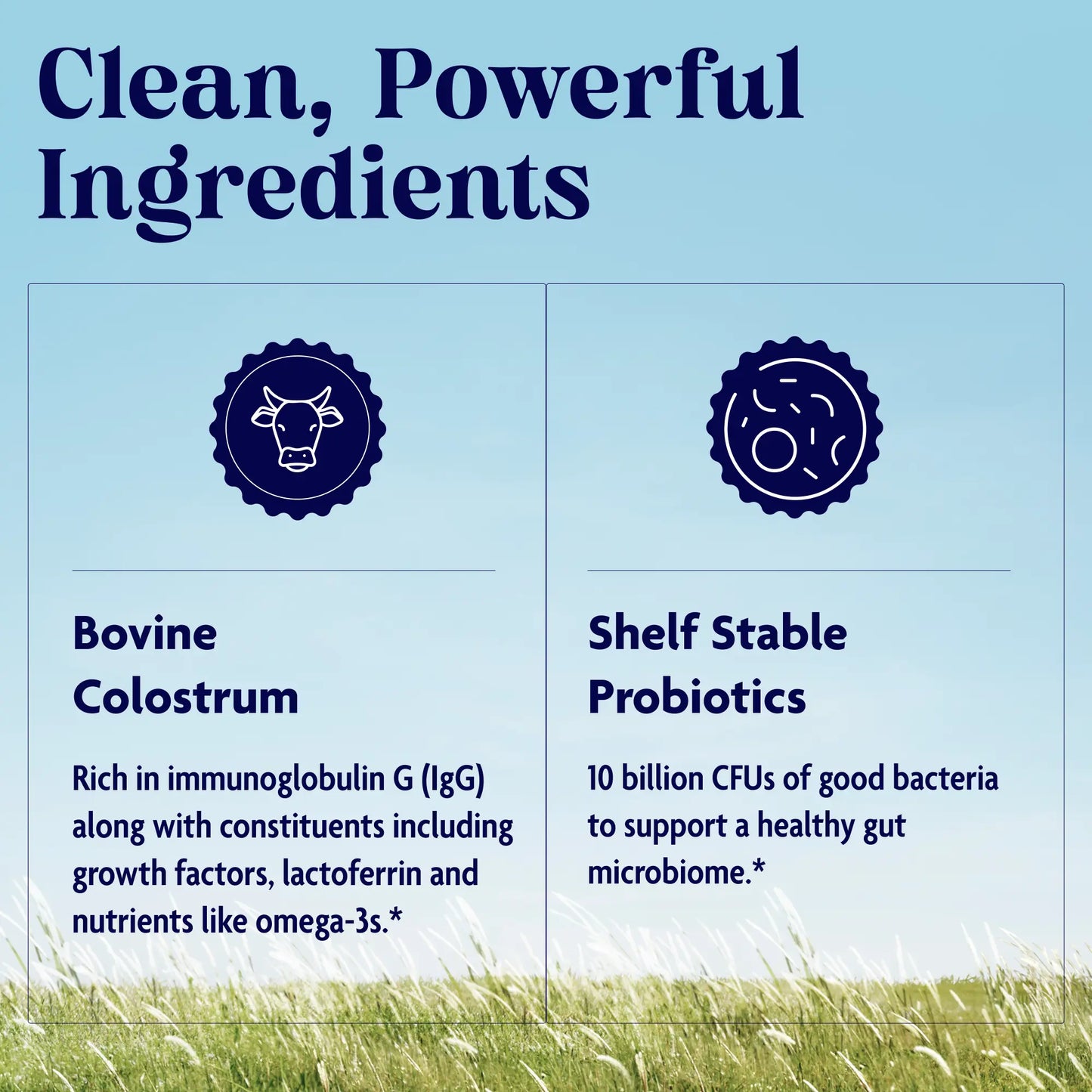Product label highlighting bovine colostrum and shelf stable probiotics with icons and text on a blue background.