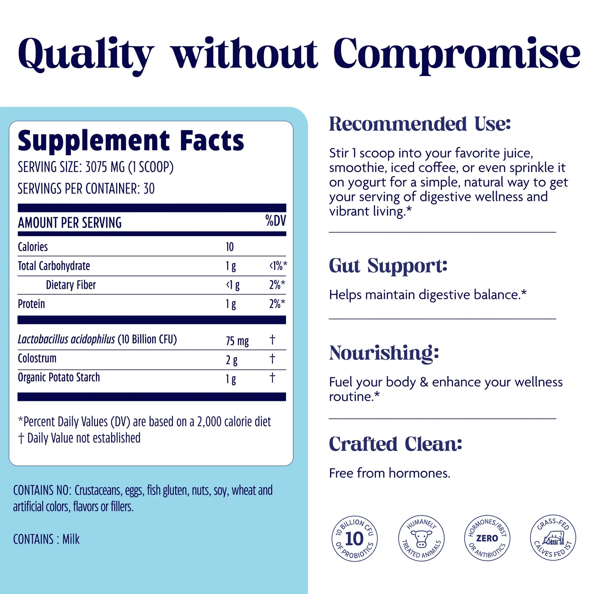 Supplement label with facts and benefits on a blue background for colostrum + probiotics