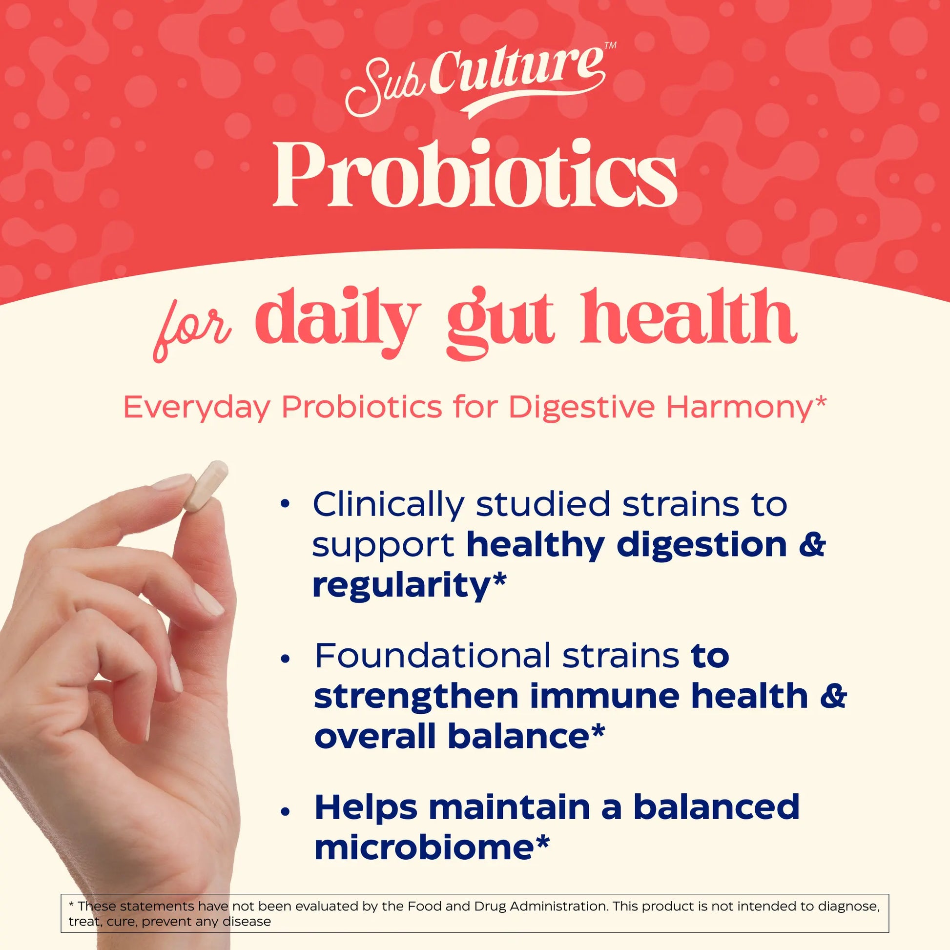 Advertisement for Sub Culture Probiotics with a hand holding a probiotic capsule on a red and white background.