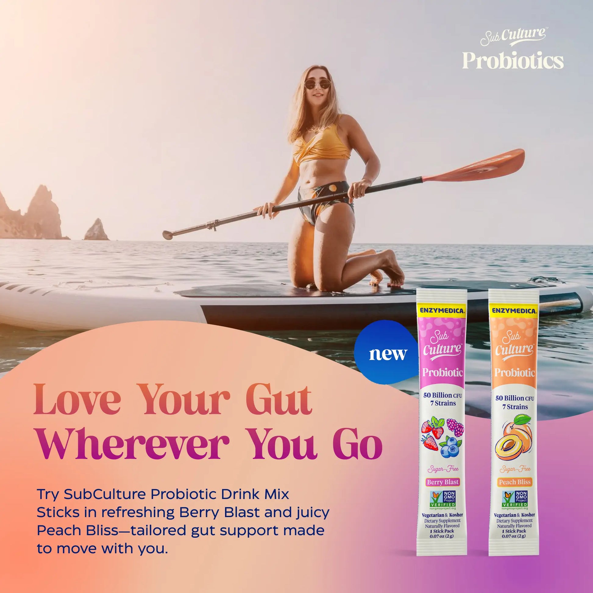 Woman on a paddleboard with SubCulture Probiotics drink mix sticks and promotional text.
