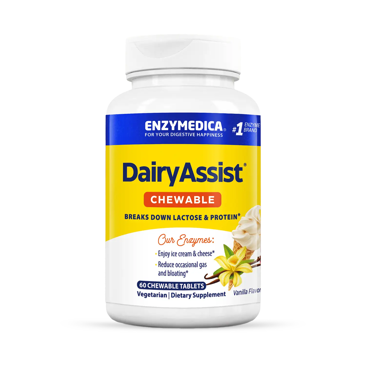 A bottle of Enzymedica DairyAssist Chewable tablets for digestion support.