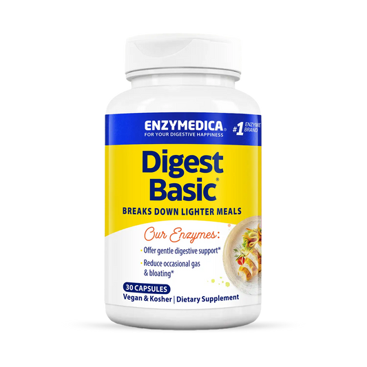A bottle of Enzymedica Digest Basic dietary supplement capsules. The label is predominantly white and blue with additional text and imagery indicating the product is for digestive support.