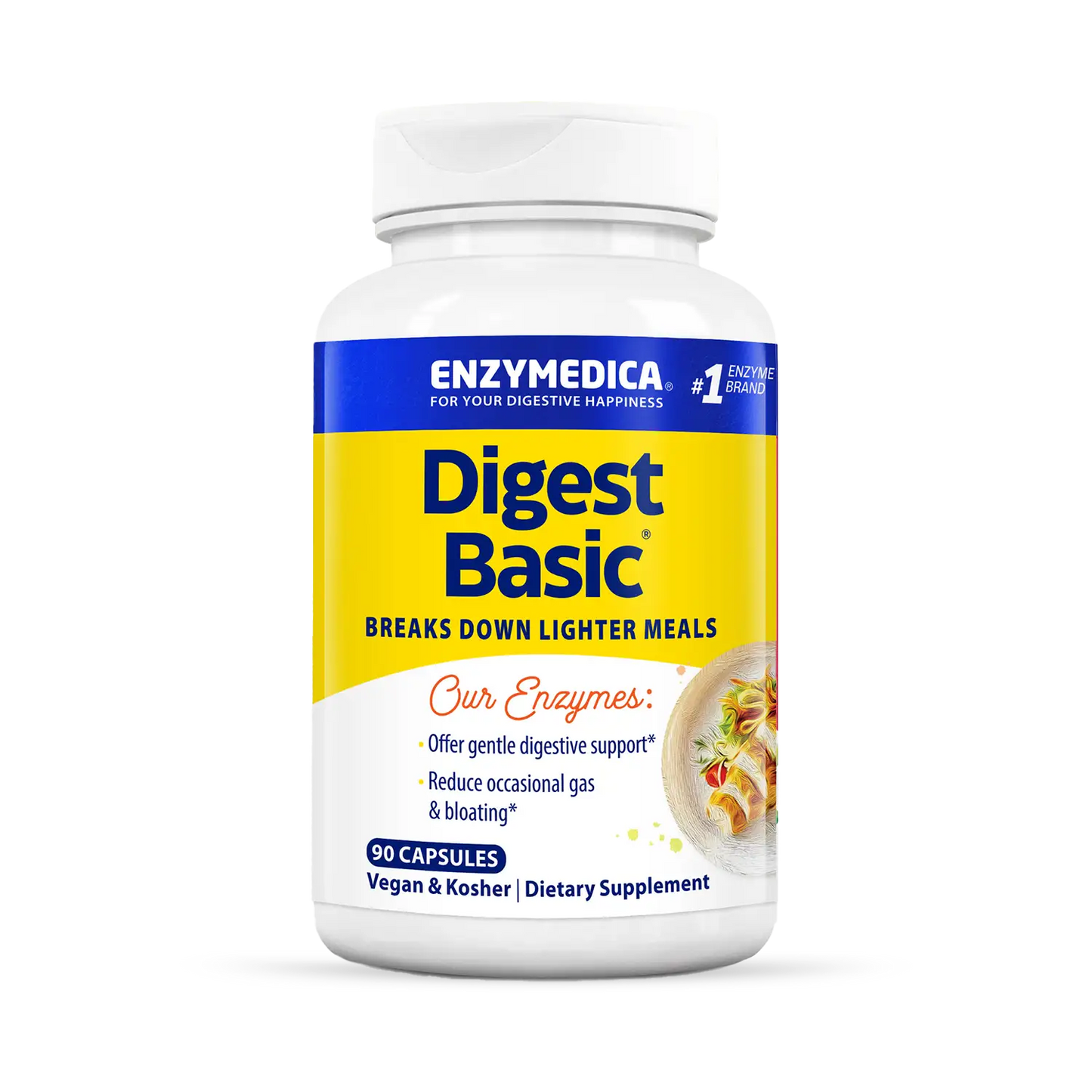 A bottle of Enzymedica Digest Basic dietary supplement capsules. The label is predominantly white and blue with additional text and imagery indicating the product is for digestive support.