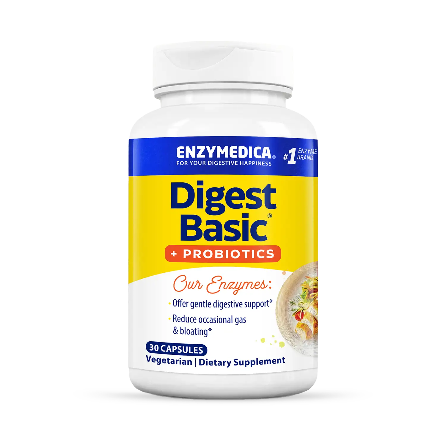 A bottle of Enzymedica Digest Basic + Probiotics dietary supplement with 90 capsules. The label is predominantly white and blue with additional text and imagery indicating the product is for digestive support.