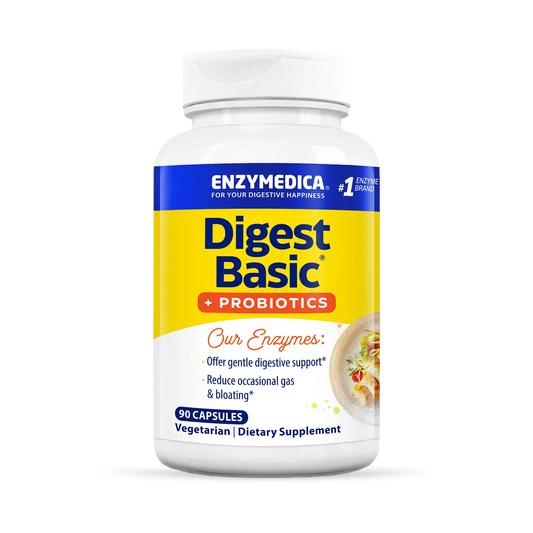 A bottle of Enzymedica Digest Basic + Probiotics dietary supplement with 90 capsules. The label is predominantly white and blue with additional text and imagery indicating the product is for digestive support.