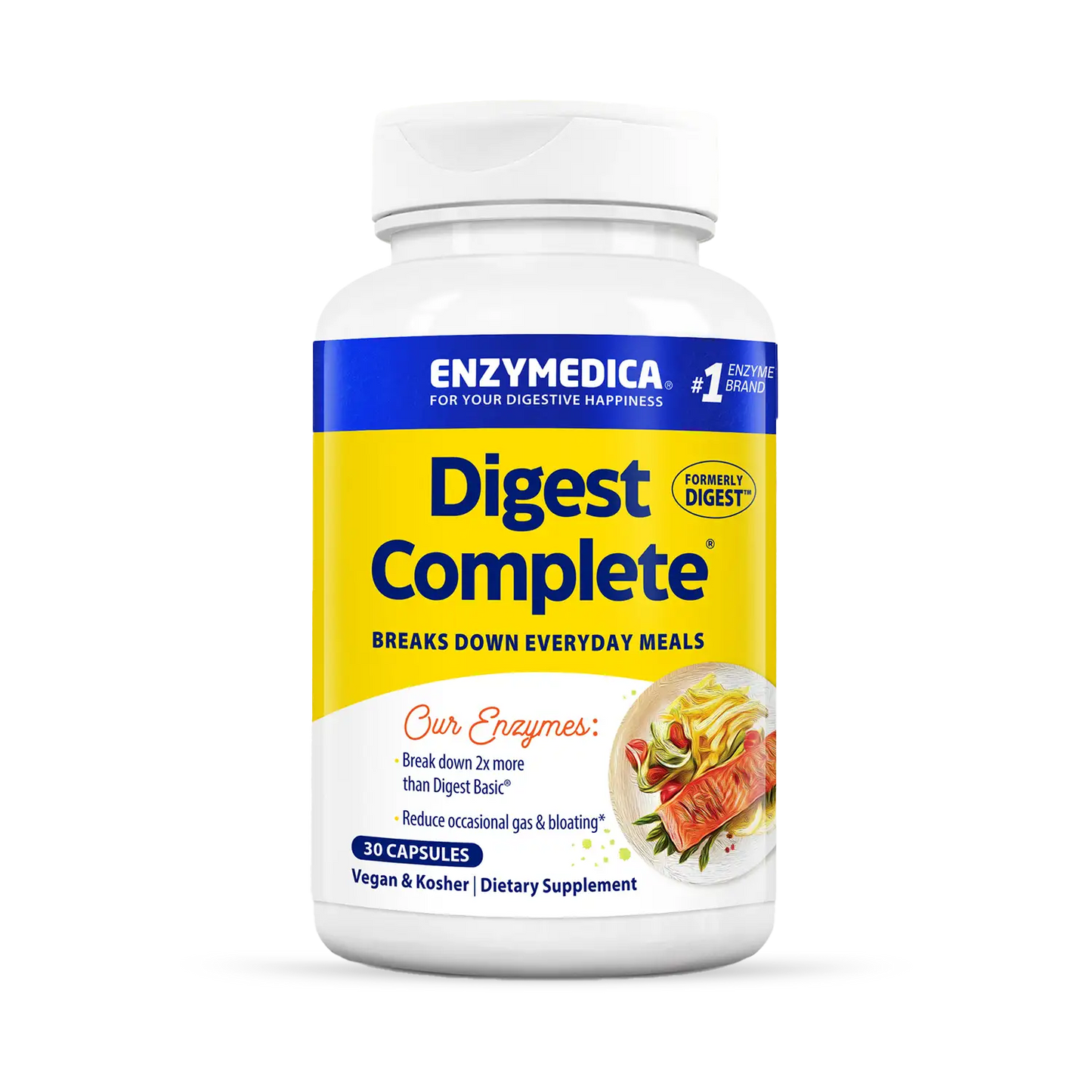 A bottle of Enzymedica Digest Complete dietary supplement capsules.
