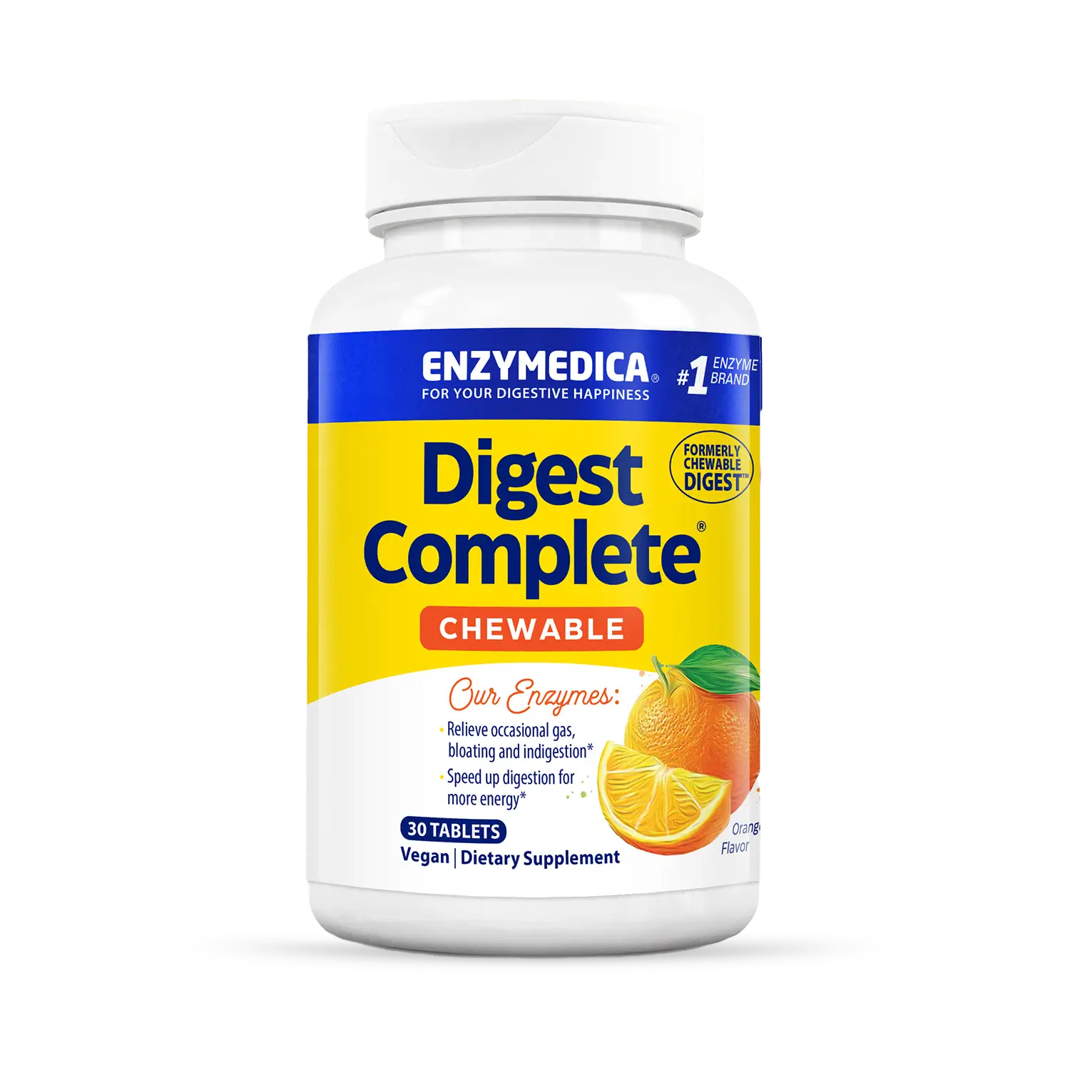 A bottle of Enzymedica Digest Complete Chewable in orange flavor. The label shows the product name, the number of tablets (60), and mentions that it is sweetened with natural xylitol and vegan.