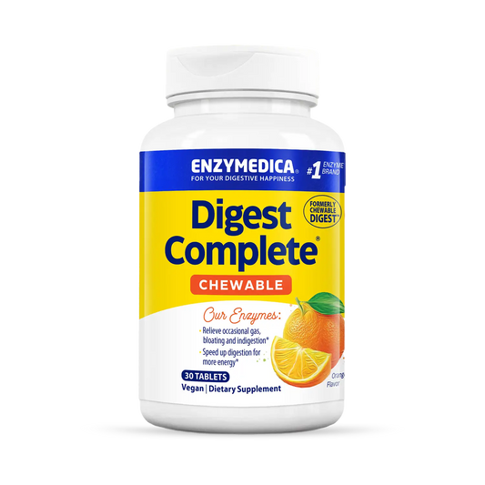 A bottle of Enzymedica Digest Complete Chewable in orange flavor. The label shows the product name, the number of tablets (60), and mentions that it is sweetened with natural xylitol and vegan.