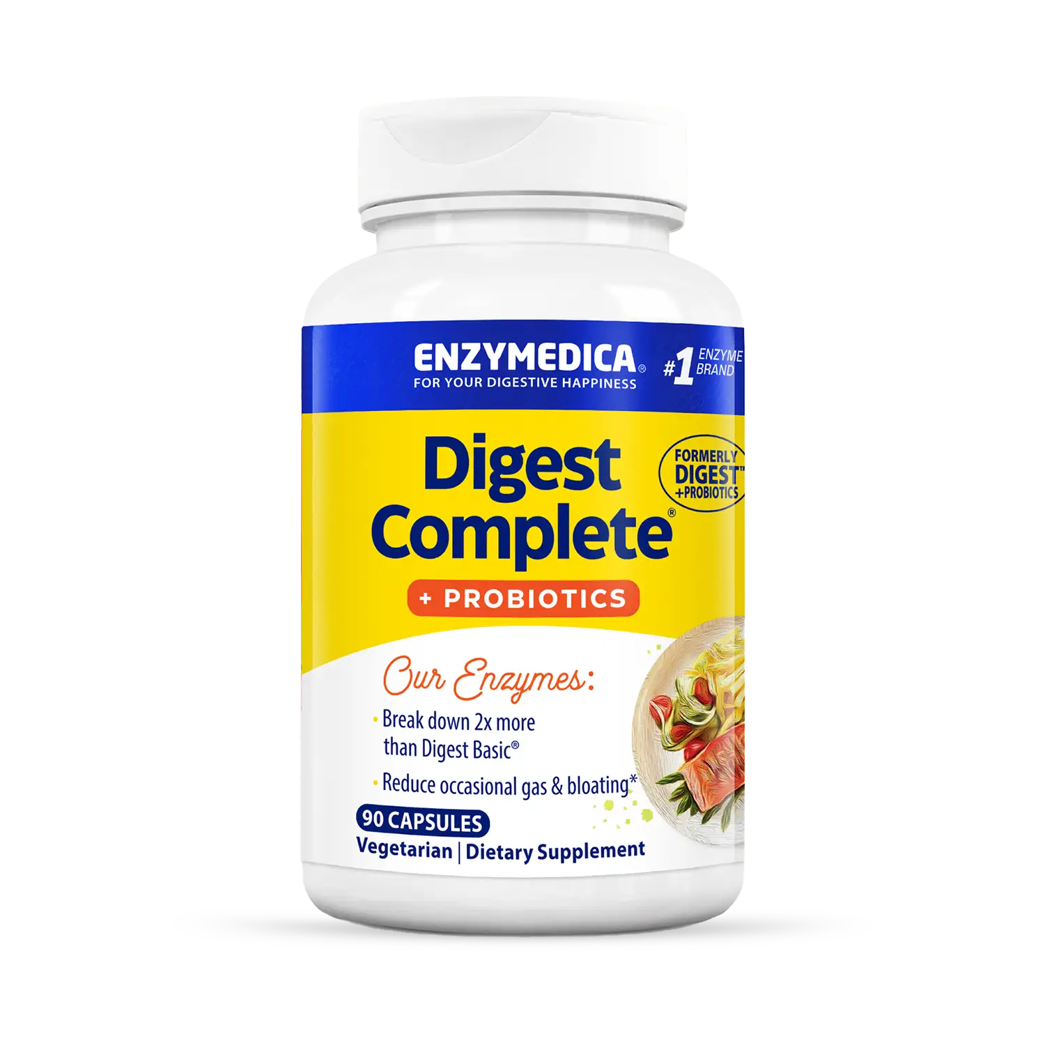 A bottle of Enzymedica Digest Complete with Probiotics dietary supplement.