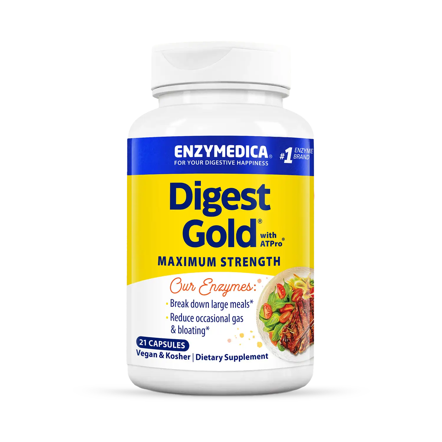 A bottle of Enzymedica Digest Gold maximum strength digestive enzyme formula, with a label showing the brand name, product name, and additional information.
