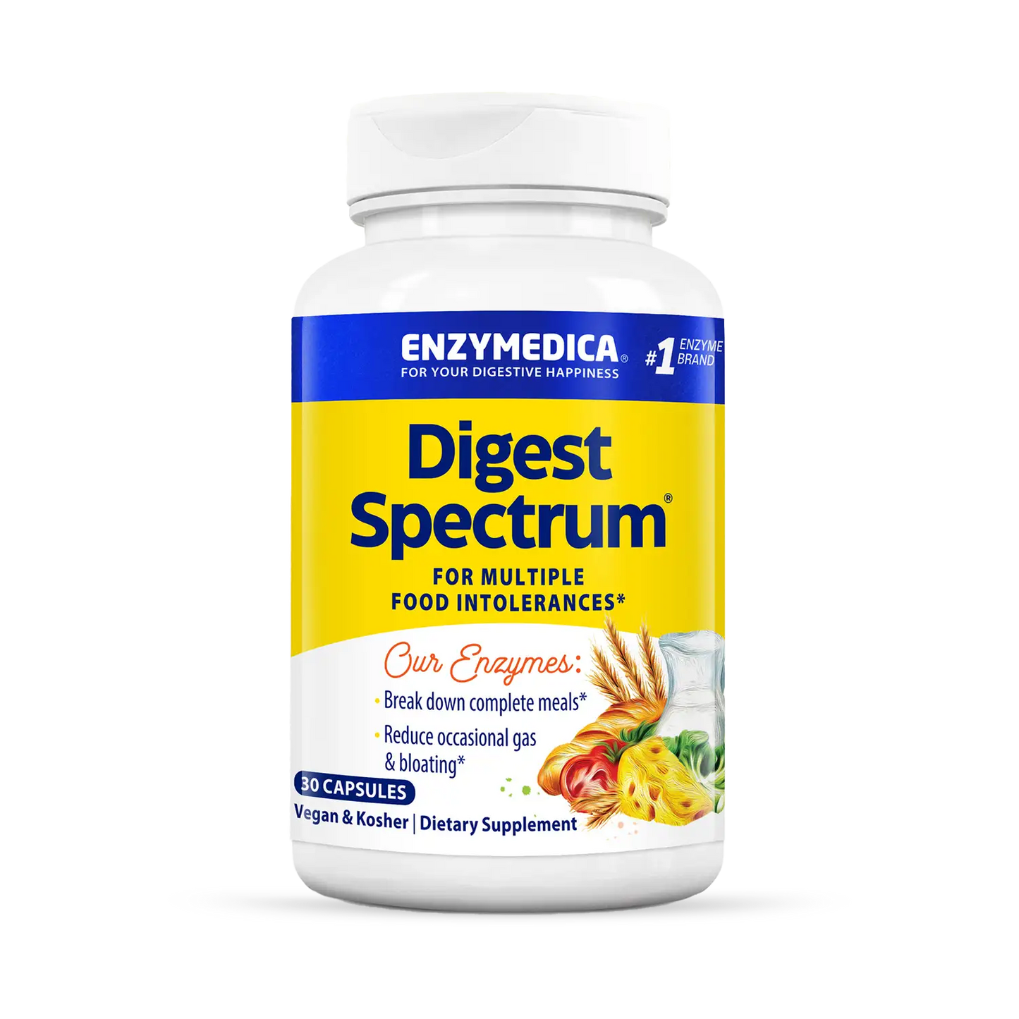 A bottle of Enzymedica Digest Spectrum dietary supplement, which is designed for multiple food intolerances.