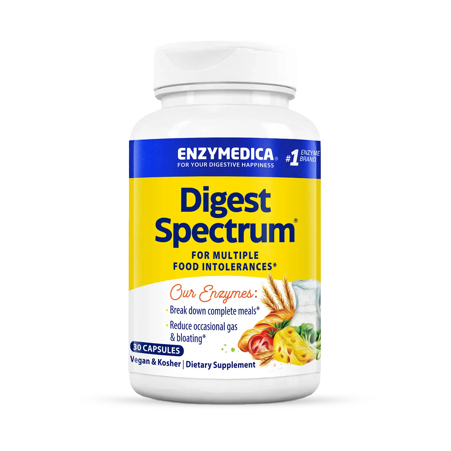 A bottle of Enzymedica Digest Spectrum dietary supplement, which is designed for multiple food intolerances.