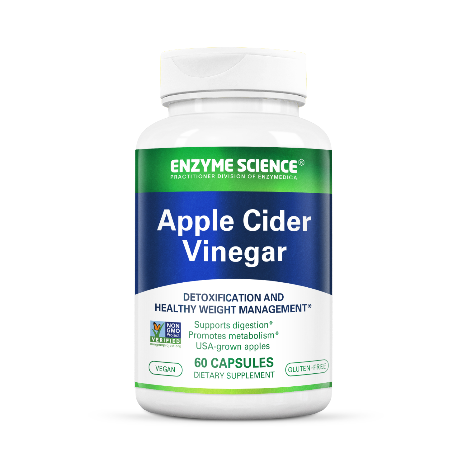 A bottle of Enzyme Science Apple Cider Vinegar dietary supplement with 60 capsules. The label includes the brand name, product name, and benefits such as detoxification and healthy weight management.