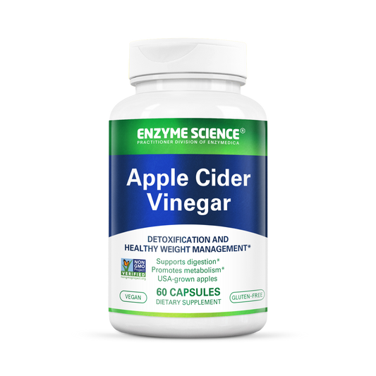 A bottle of Enzyme Science Apple Cider Vinegar dietary supplement with 60 capsules. The label includes the brand name, product name, and benefits such as detoxification and healthy weight management.