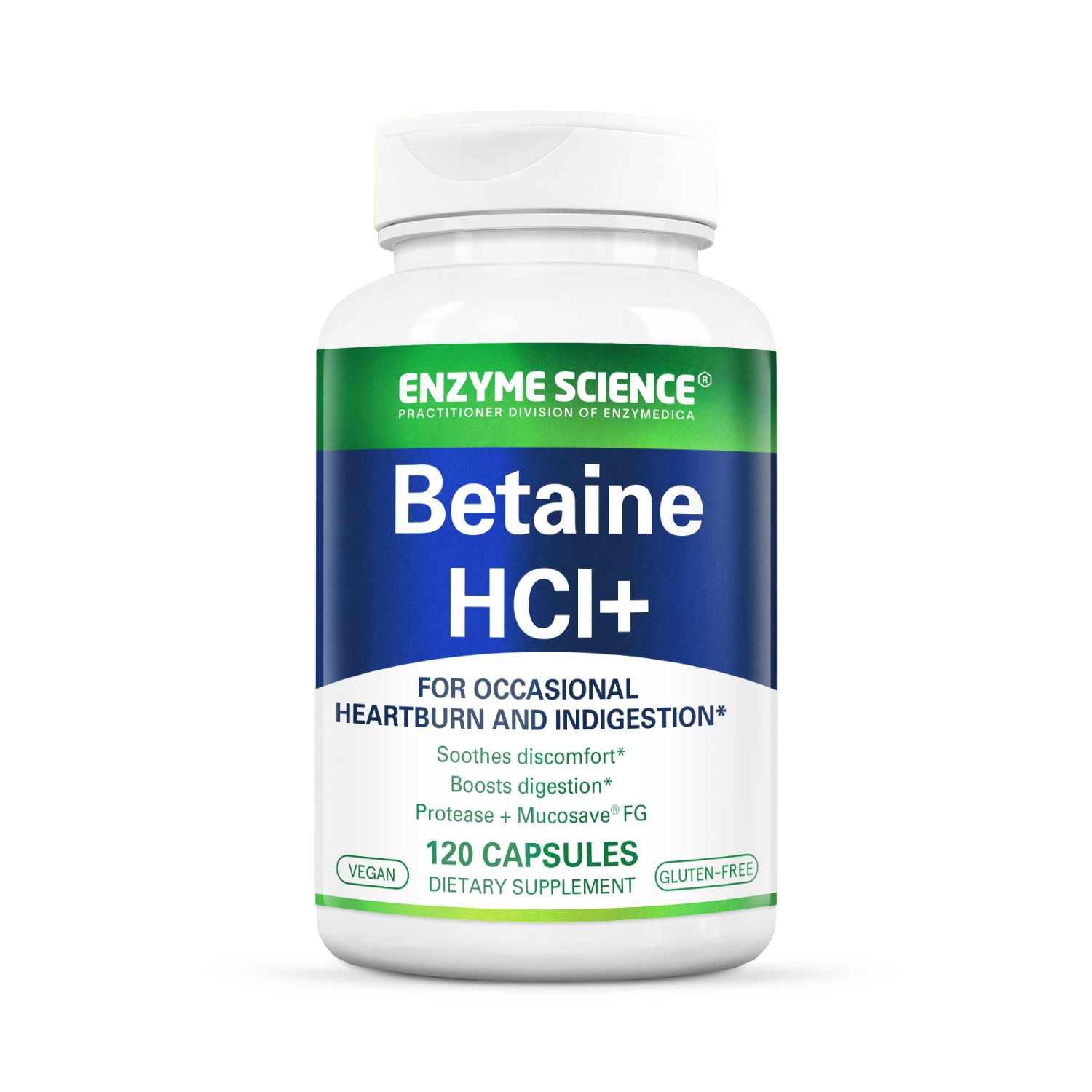 A bottle of Enzyme Science Betaine HCl+ dietary supplement with 120 capsules for occasional heartburn and indigestion.