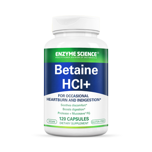 A bottle of Enzyme Science Betaine HCl+ dietary supplement with 120 capsules for occasional heartburn and indigestion.