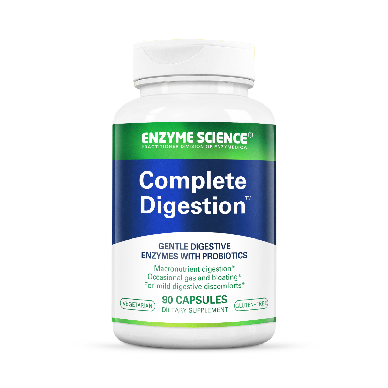 A bottle of Complete Digestion dietary supplement by Enzyme Science, containing 90 capsules with a label displaying key information such as being vegan friendly.