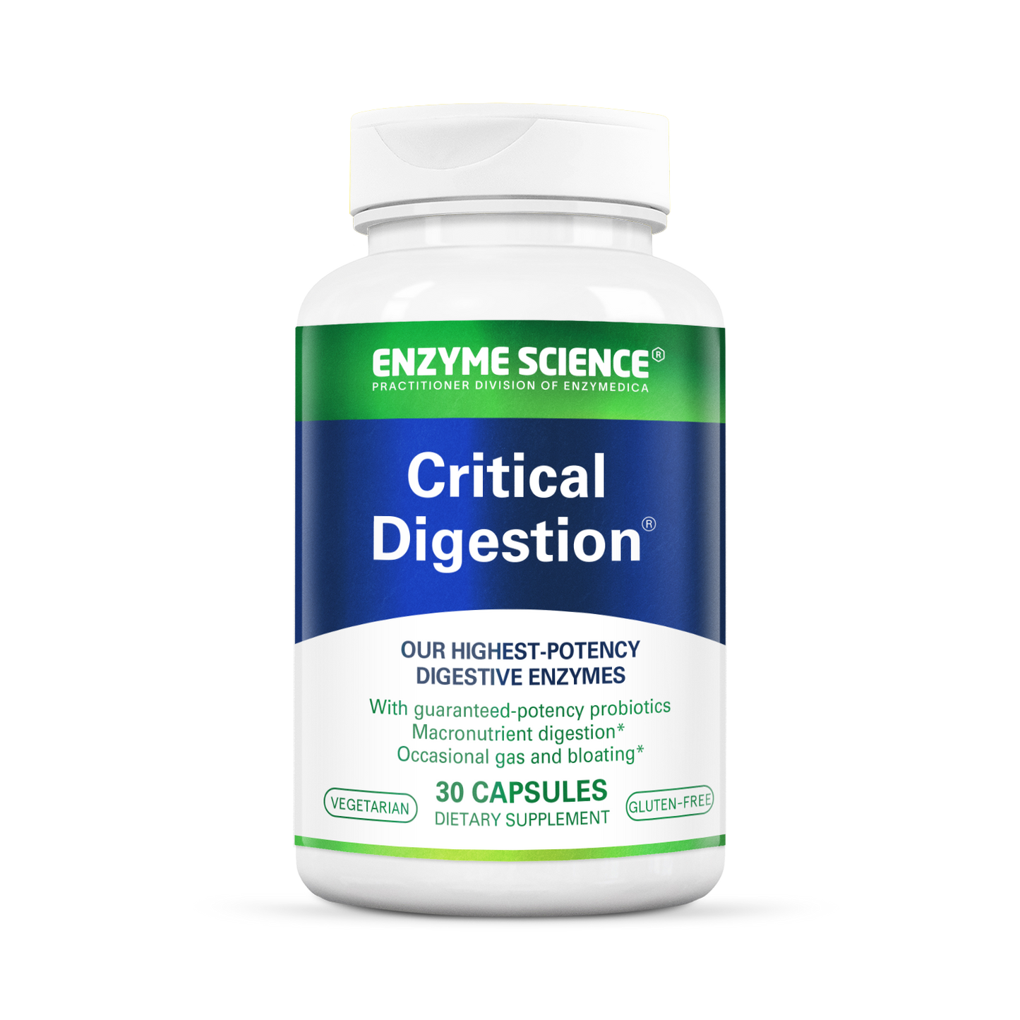 A bottle of 'Critical Digestion' dietary supplement by Enzyme Science, containing 30 capsules for digestion support.